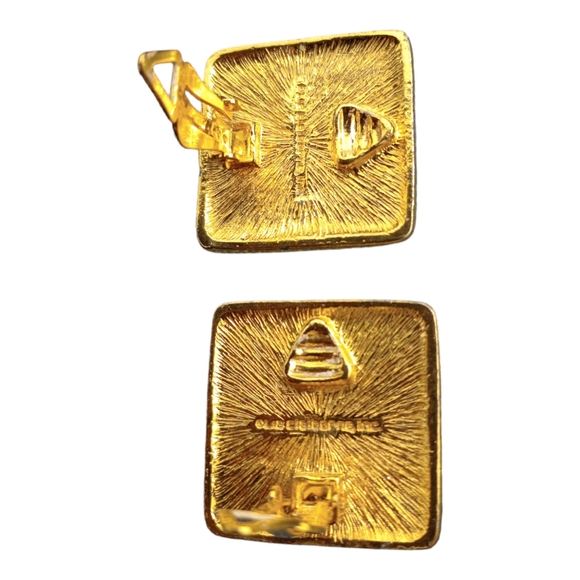 Liz Claiborne Vintage Clip on Earrings Square Blue Gold Signed - Picture 4 of 5